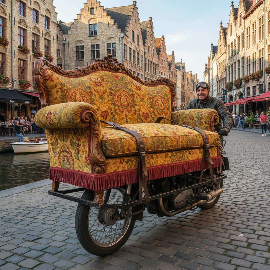 découvrez l'étonnante scène à gand où un canapé insolite est transporté en promenade... à moto ! une aventure surprenante qui mêle originalité et humour.