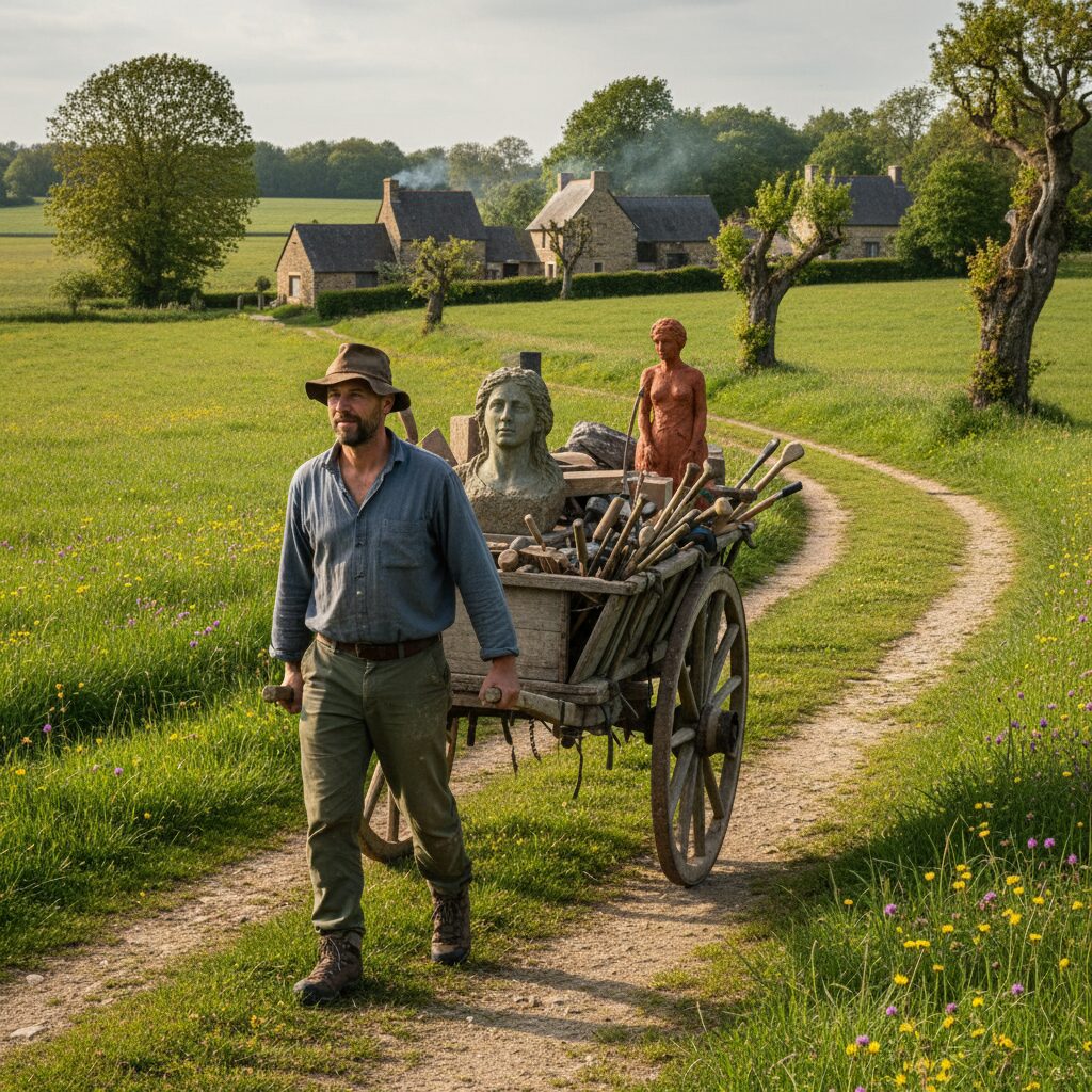 découvrez le captivant voyage à pied d'un sculpteur allemand à travers la mayenne, tractant sa charrette lors d'un périple insolite et plein de surprises.