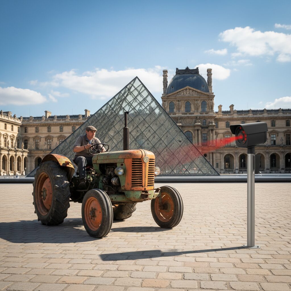 découvrez l'histoire surprenante d'un tracteur jurassien de 1977, limité à 20 km/h, flashé par un radar... juste devant le louvre. incroyable mais vrai !
