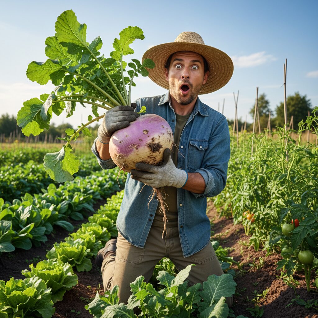 découvrez l'histoire insolite d'un jardinier stupéfait par une récolte exceptionnelle : un navet géant de 8 kg, un véritable record naturel qui étonne !