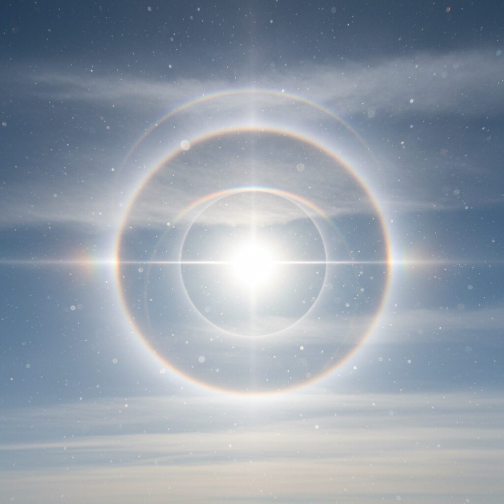 découvrez comment les cristaux de glace dans l'atmosphère créent de magnifiques halos lumineux autour du soleil grâce à la réfraction et la réflexion de la lumière.
