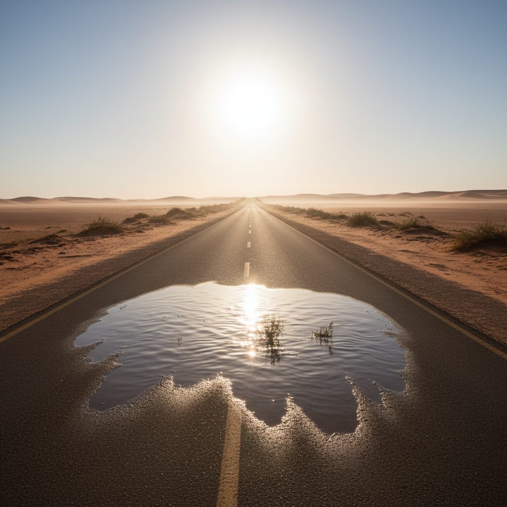 découvrez comment se forme le mirage sur la route en plein désert, un phénomène optique fascinant causé par la réfraction de la lumière dans les couches d'air chaud et froid.