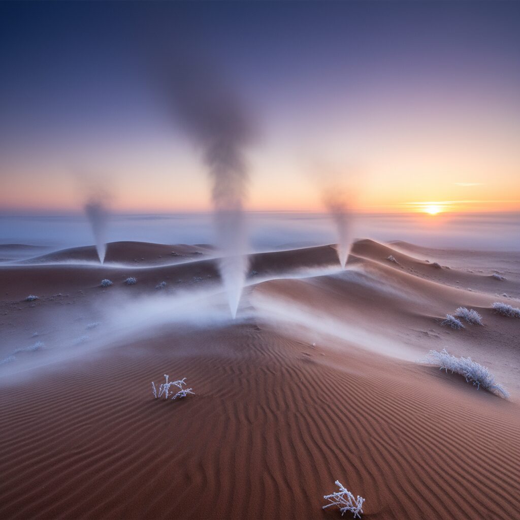découvrez le phénomène naturel qui transforme la fraîcheur de l'aube dans le désert, révélant un climat étonnamment frais malgré la chaleur du jour.