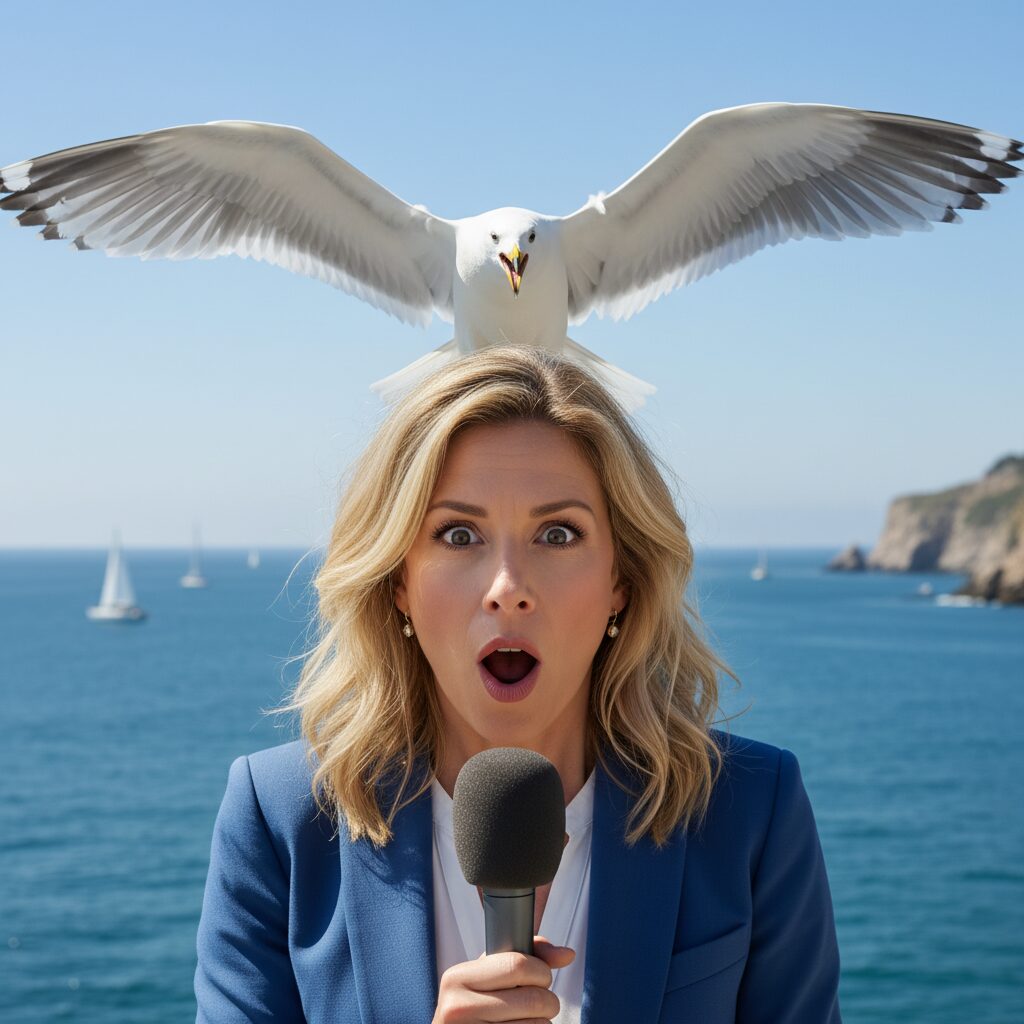 découvrez l'instant drôle et inattendu où une journaliste est surprise en plein direct par une mouette espiègle dans la minute insolite.