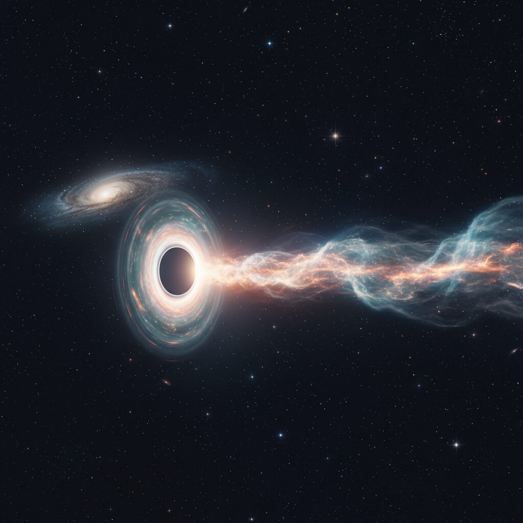 découvrez comment un trou noir supermassif s'échappe de sa galaxie, entraînant une immense traînée de gaz, révélant des phénomènes cosmiques surprenants.