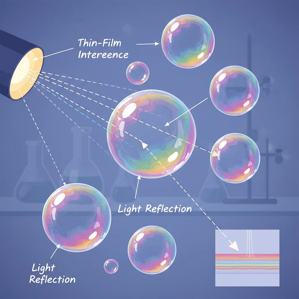découvrez comment les bulles de savon créent un arc-en-ciel de couleurs grâce à la réflexion et à la diffraction de la lumière sur leur surface.