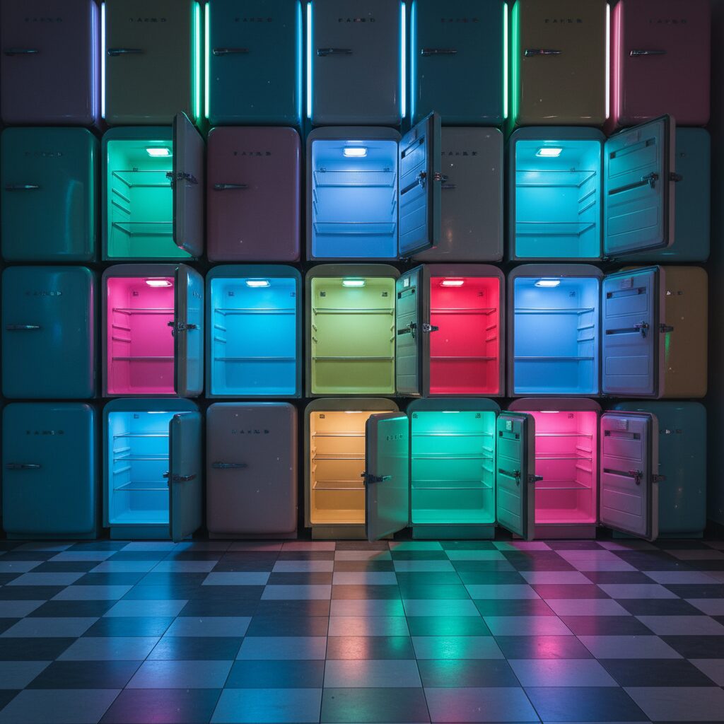 découvrez nos frigos vintage qui clignotent comme une discothèque des années 80, alliant style rétro et ambiance festive pour votre cuisine.