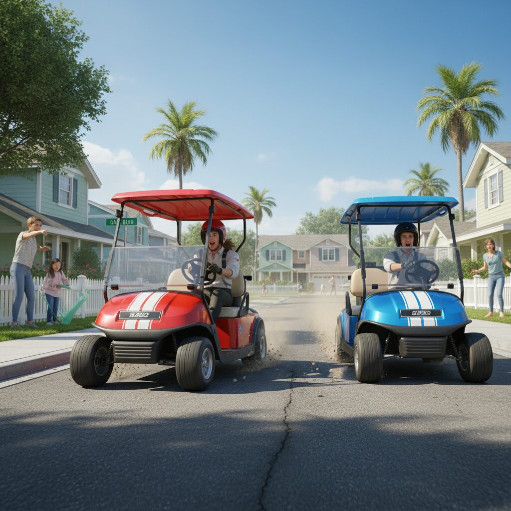 découvrez une chasse-poursuite incroyable aux états-unis où une petite voiturette de golf transforme la course en une aventure palpitante et pleine de surprises.