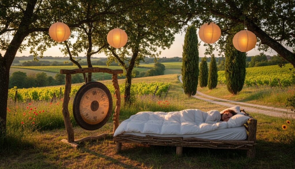 découvrez une expérience insolite en lot-et-garonne à agnac : plongez dans un sommeil apaisant rythmé par le son envoûtant du gong pour une détente profonde et unique.