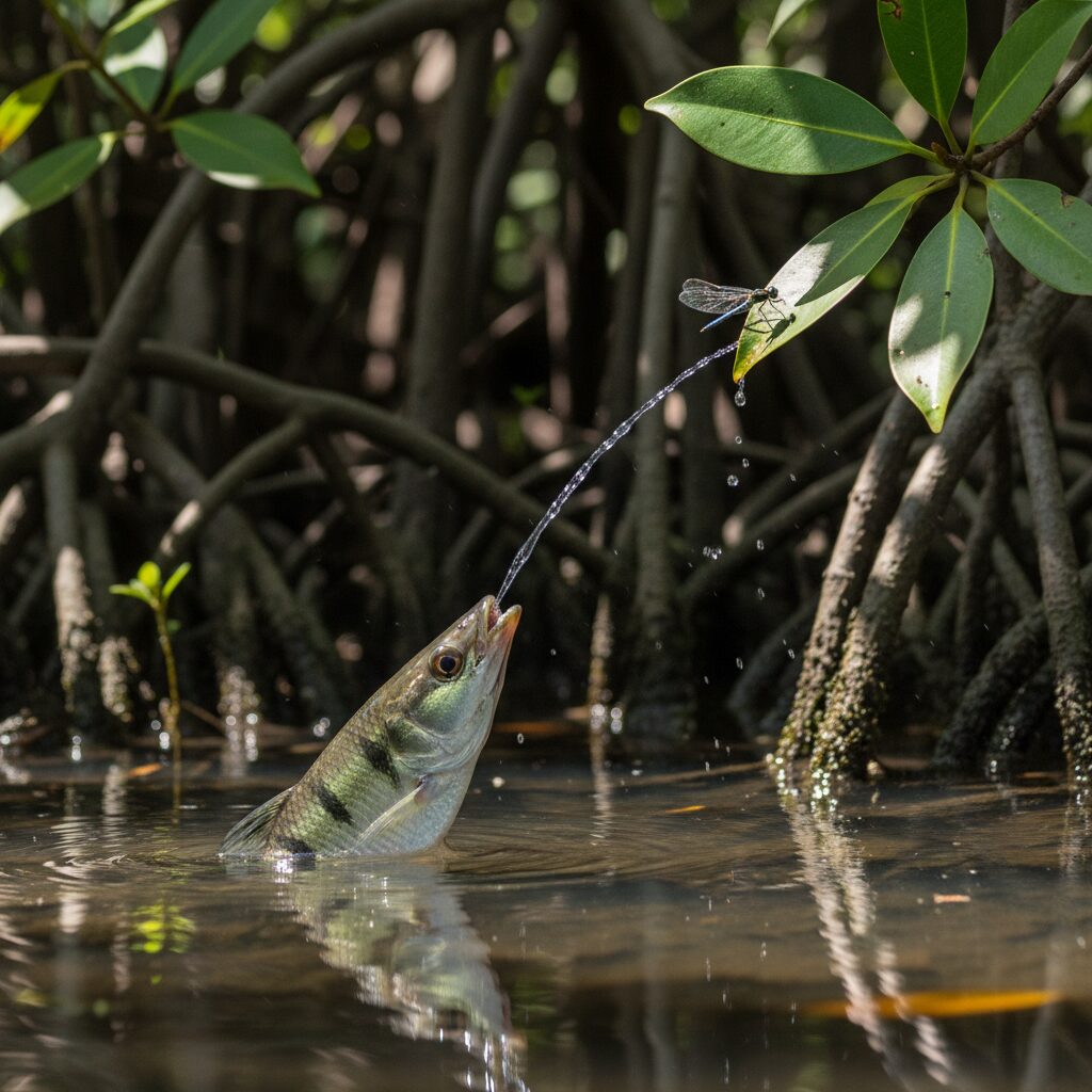 découvrez comment le poisson-archer utilise un jet d'eau précis pour capturer ses insectes, une technique unique qui allie précision et surprenante efficacité.