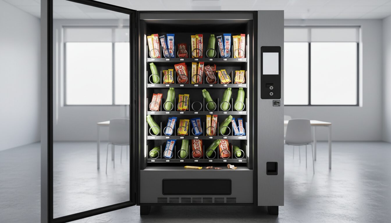 découvrez l'histoire drôle et surprenante d'un distributeur automatique qui a confondu chocolat et courgette, causant une confusion inattendue.