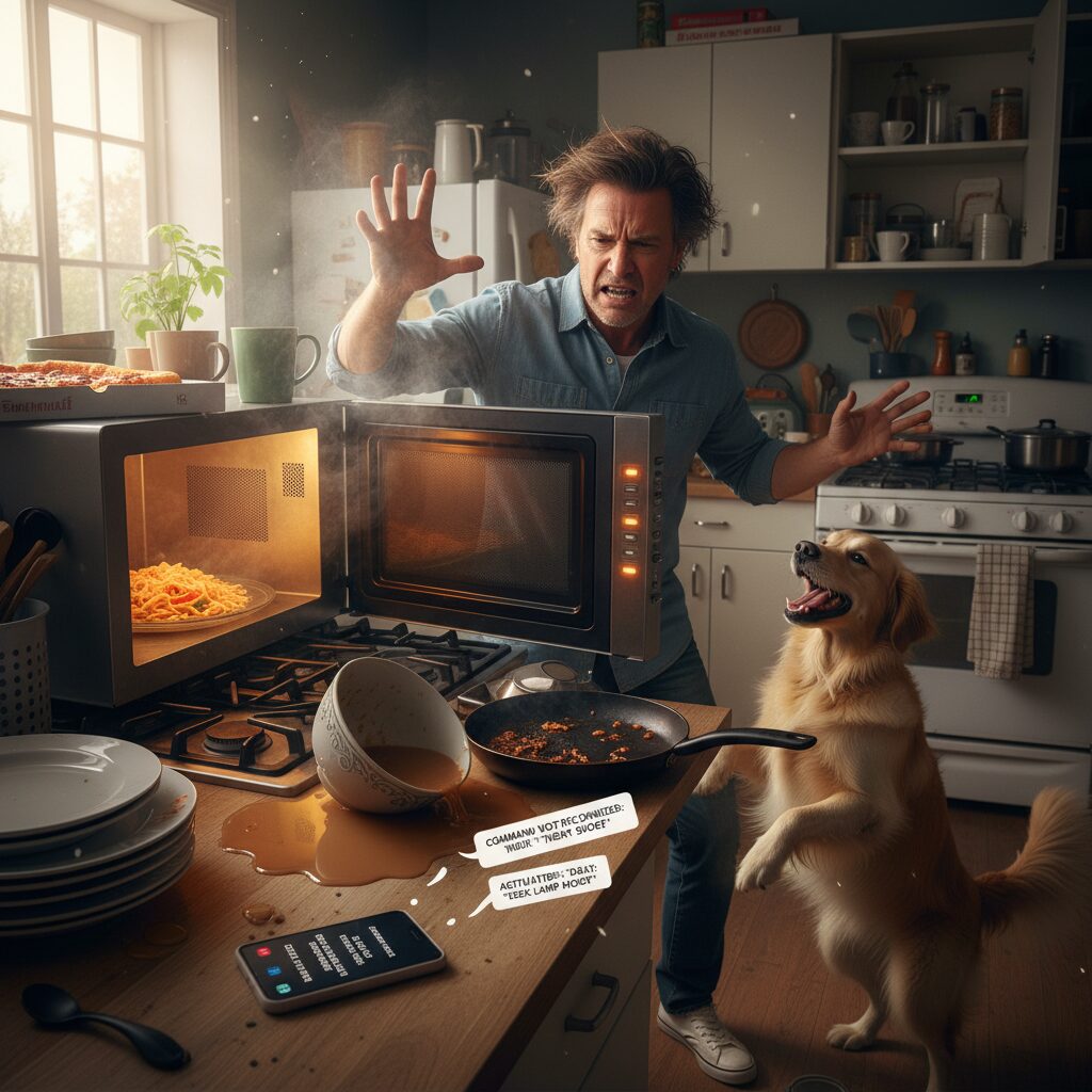 découvrez comment un micro-ondes à reconnaissance vocale se transforme en une comédie d’erreurs hilarante, mêlant technologie et situations imprévues.