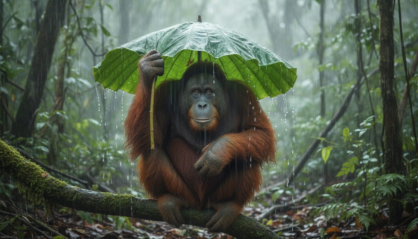 découvrez comment les orangs-outans se protègent de la pluie dans la jungle en utilisant des feuilles comme parapluie, un comportement fascinant d'adaptation à leur environnement naturel.