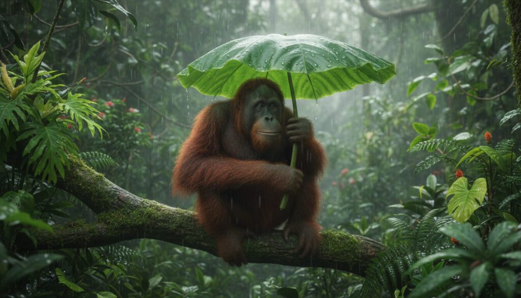 découvrez comment les orangs-outans utilisent des feuilles comme parapluie pour se protéger de la pluie dans la jungle, révélant des comportements fascinants d'adaptation et d'ingéniosité animale.