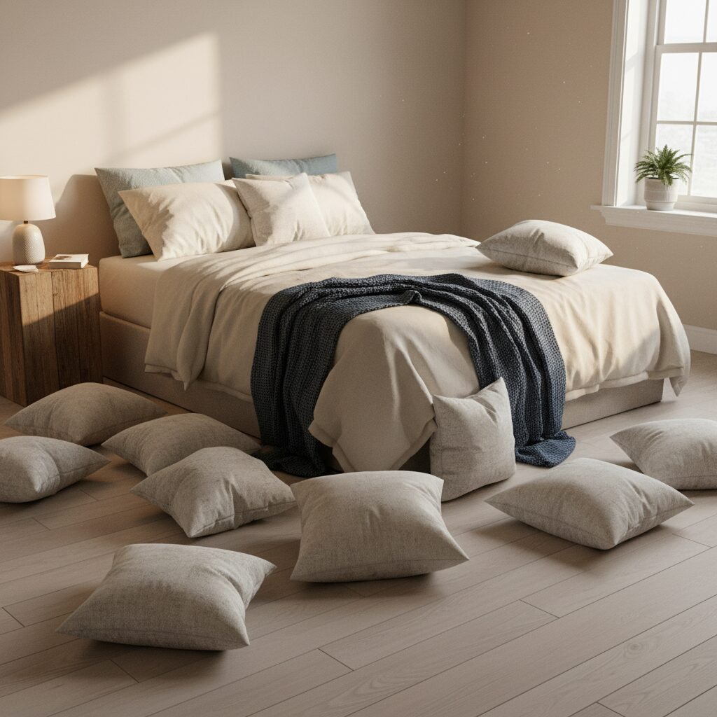 découvrez l'histoire drôle et vraie des oreillers qui finissent toujours à terre, une anecdote amusante qui vous fera sourire à coup sûr.