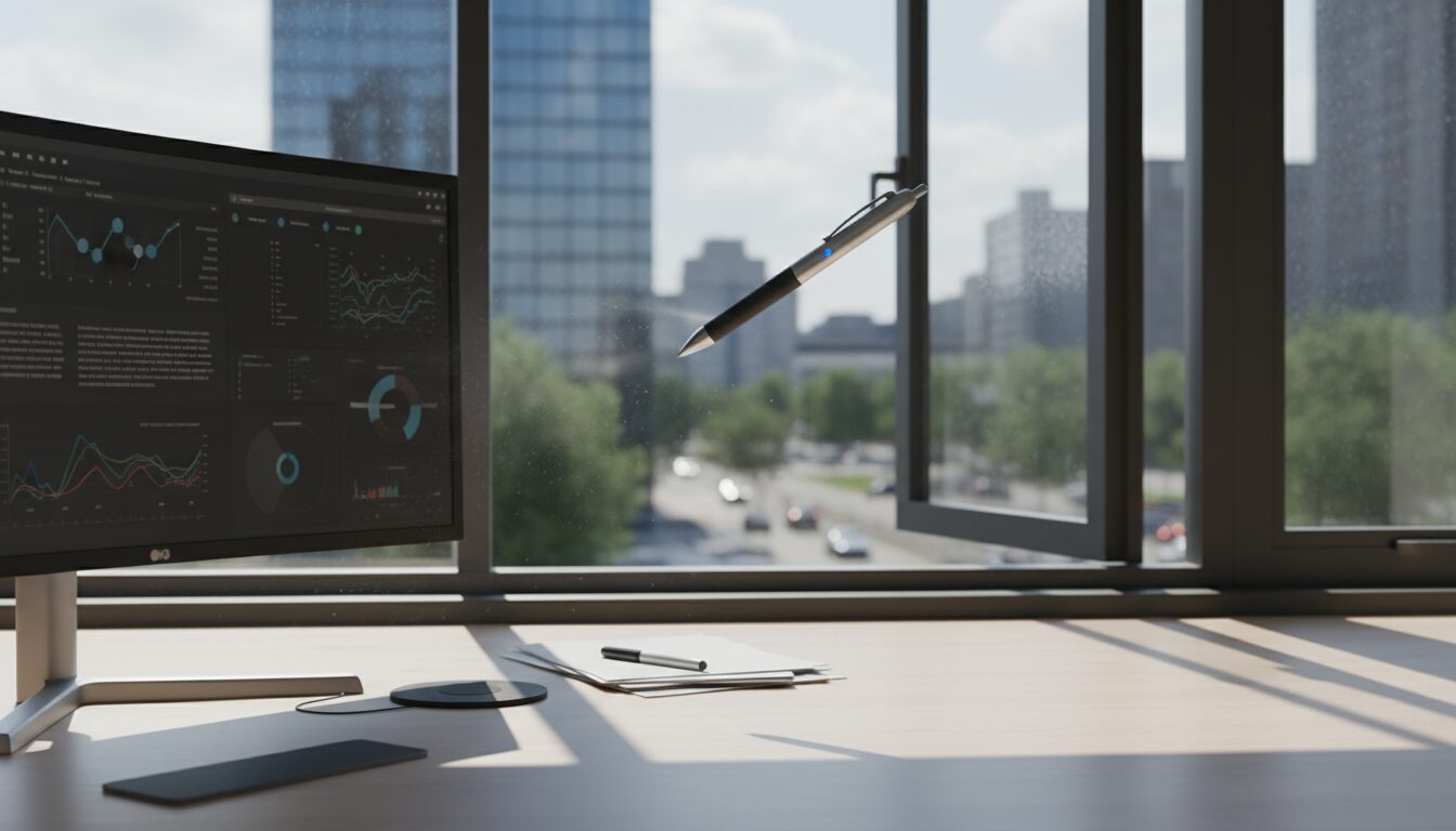 découvrez l'histoire insolite d'un stylo électronique qui a mystérieusement quitté le bureau par la fenêtre, surprenant tout le monde sans prévenir.