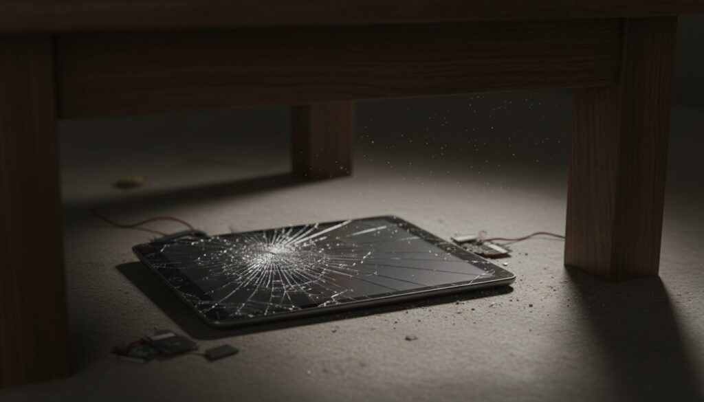 découvrez comment une tablette tactile a mystérieusement terminé cassée et oubliée sous une table dans cette histoire intrigante.