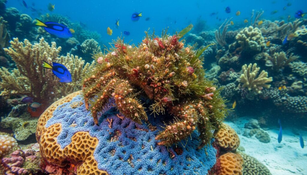 découvrez le crabe décorateur, un maître du camouflage qui utilise algues et coquillages pour se fondre parfaitement dans son environnement marin.
