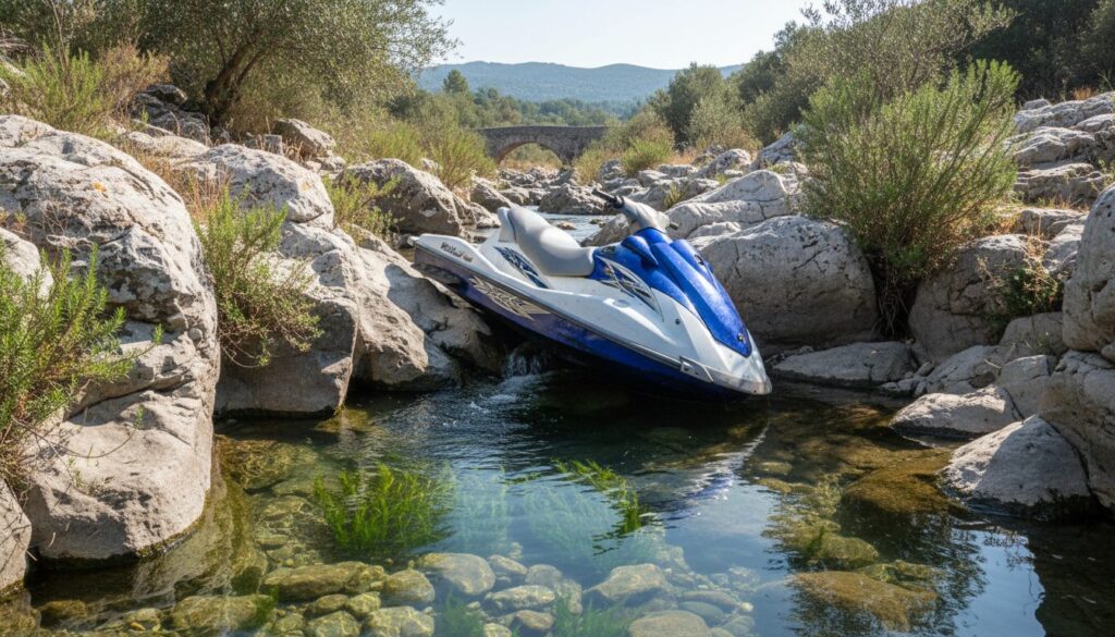 découvrez une photo insolite montrant un jet-ski échoué dans la passe-à-poissons de la têt à perpignan, un spectacle surprenant au cœur de la nature locale.