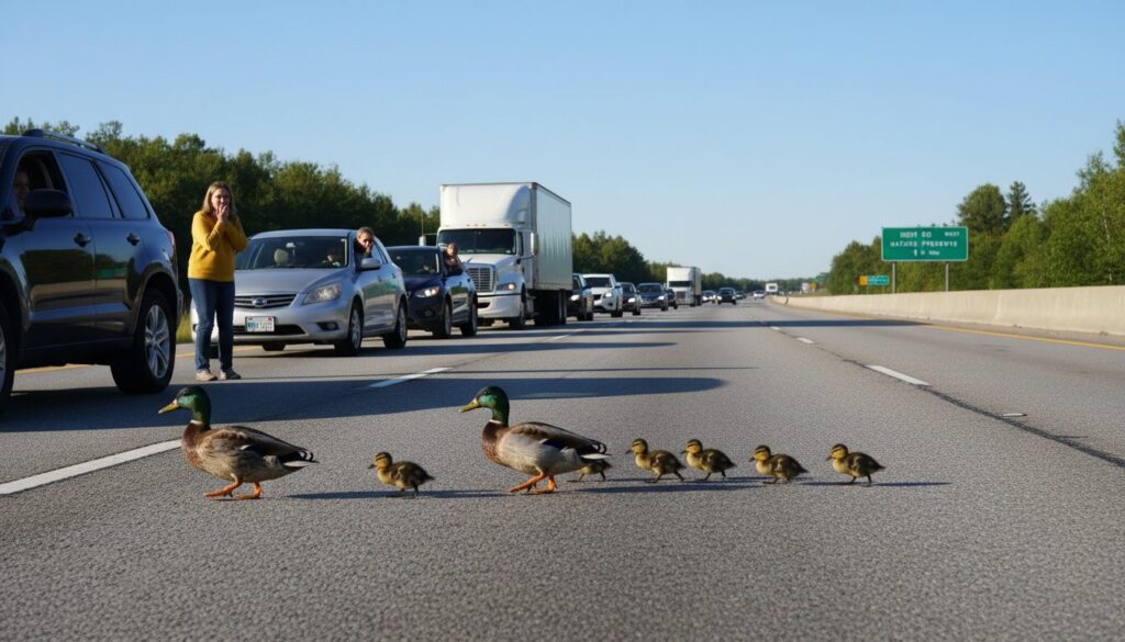 découvrez comment une famille de canards a provoqué un embouteillage inattendu sur l'autoroute lors d'une opération de sauvetage insolite et touchante.
