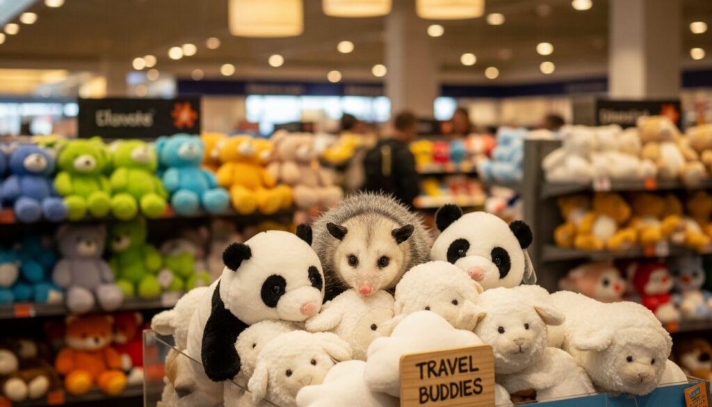 découvrez la minute étonnante où un opossum malin se camoufle parmi les peluches dans une boutique d’aéroport, surprenant les clients avec son incroyable discrétion.