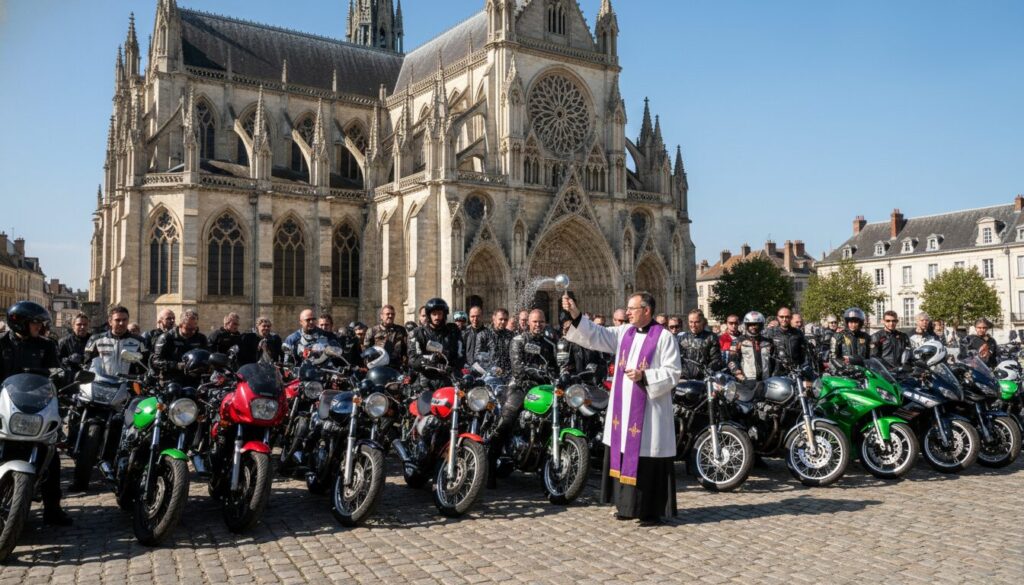 au mans, une centaine de motards ont assisté à une bénédiction insolite au pied de la cathédrale, mêlant spiritualité et passion pour la moto lors d'un événement unique en son genre.