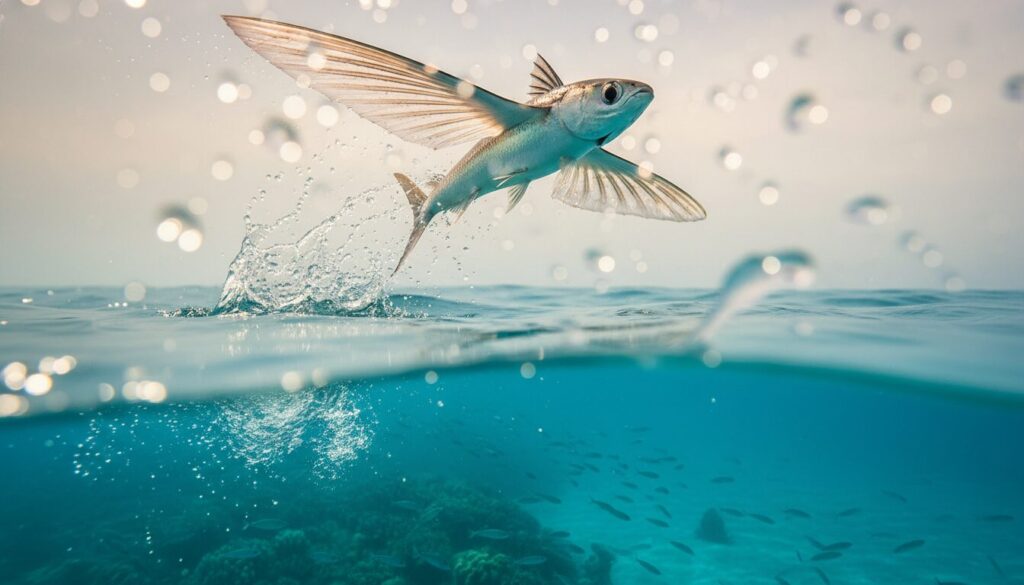découvrez comment le poisson virevoltant utilise ses nageoires comme des ailes pour sauter hors de l'eau et glisser dans les airs avec grâce.