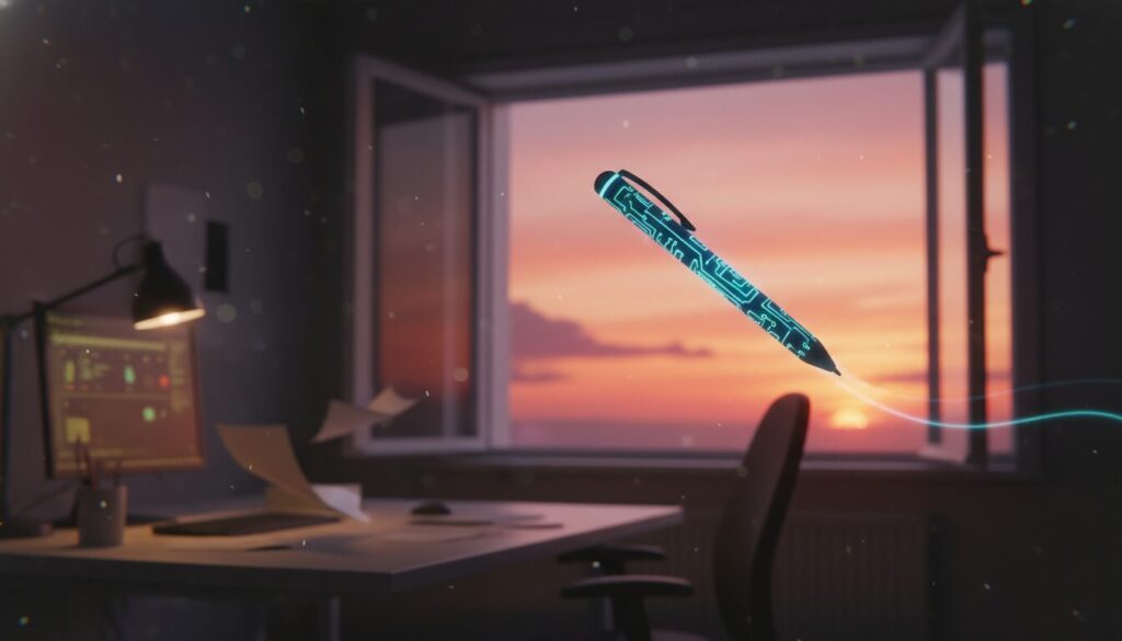 découvrez l'incroyable histoire d'un stylo électronique qui a mystérieusement disparu du bureau en passant par la fenêtre, sans prévenir ni laisser de traces.