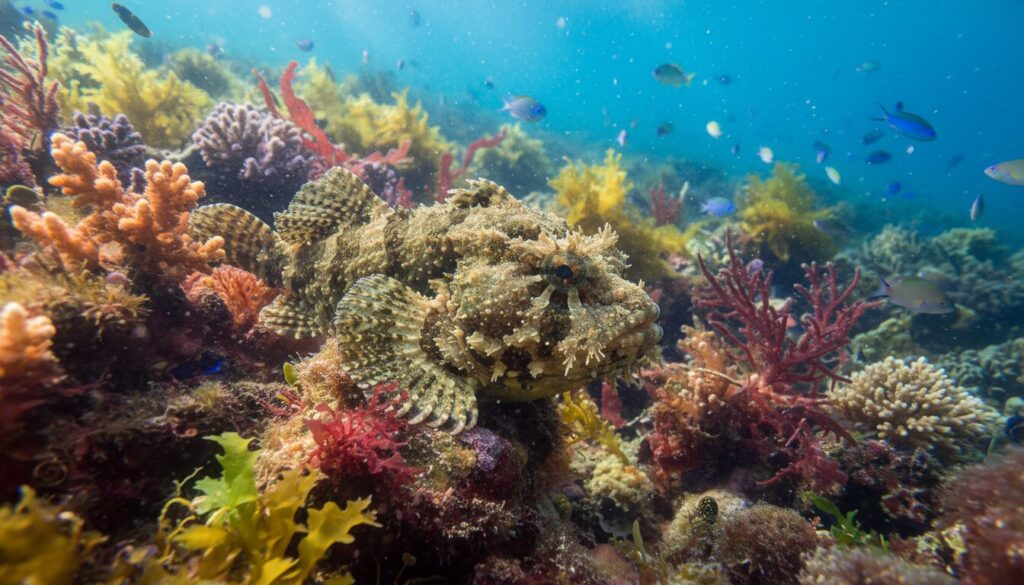 découvrez comment le poisson crapaud utilise un camouflage exceptionnel pour se fondre dans son environnement et chasser efficacement ses proies.