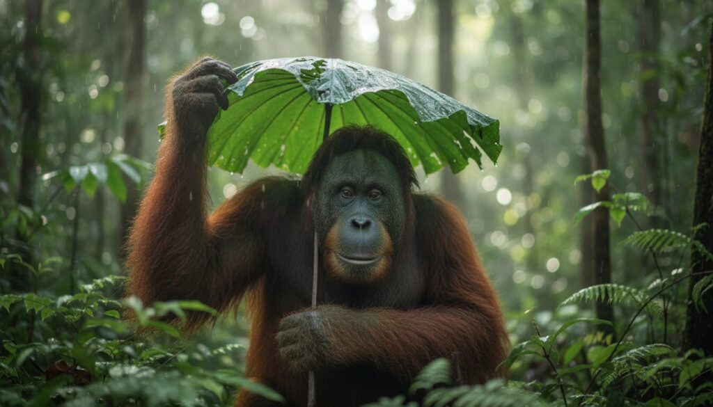 explorez comment les orangs-outans se protègent de la pluie dans la jungle en utilisant des feuilles comme parapluie, un comportement fascinant démontrant leur intelligence et adaptation.
