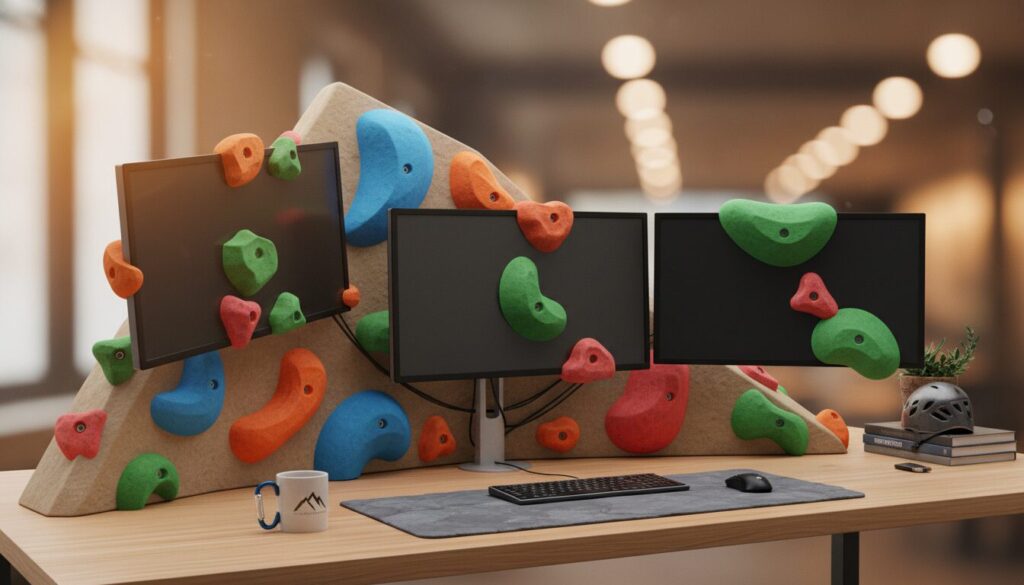 découvrez les supports écran innovants qui transforment votre bureau en un véritable terrain d’escalade, alliant créativité et fonctionnalité pour un espace de travail unique.