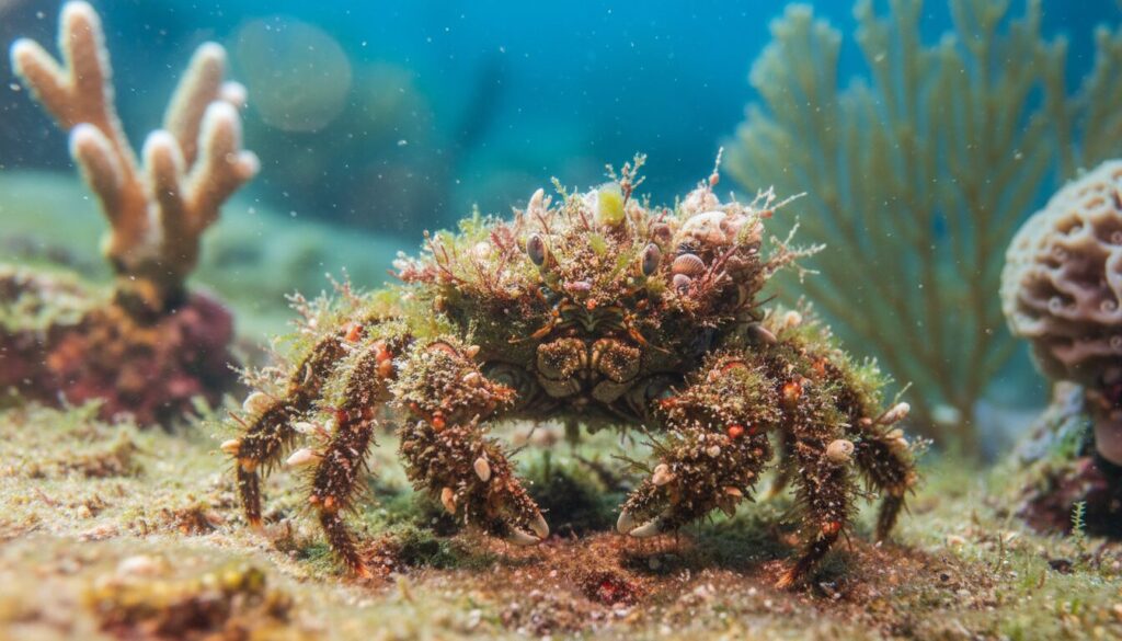 découvrez le crabe décorateur, un maître du camouflage qui utilise des algues et des coquillages pour se protéger dans son environnement marin.