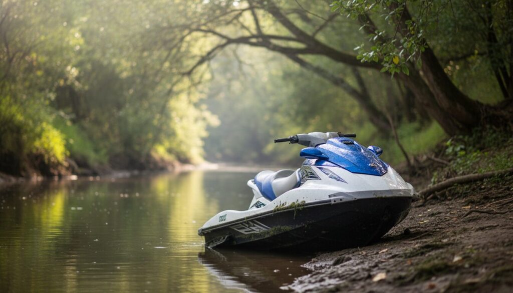 découvrez une photo insolite d'un jet-ski échoué dans la passe-à-poissons de la rivière têt à perpignan, un spectacle étonnant au cœur de la nature locale.