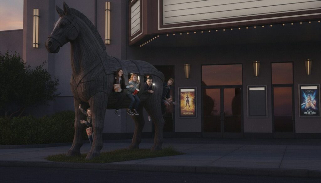 découvrez comment un groupe astucieux utilise un cheval de troie pour entrer secrètement dans un cinéma et profiter du film « l’odyssée » à prix réduit.