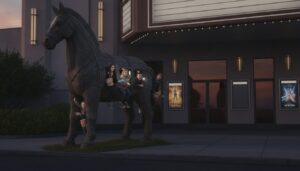 découvrez comment un groupe astucieux utilise un cheval de troie pour entrer secrètement dans un cinéma et profiter du film « l’odyssée » à prix réduit.