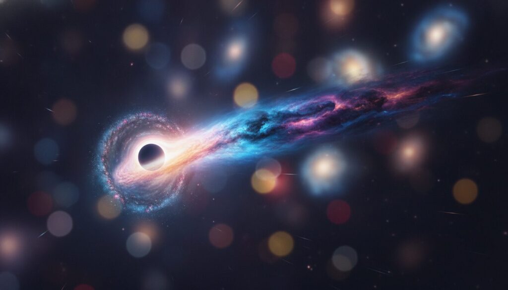 découvrez l'incroyable évènement où un trou noir supermassif quitte sa galaxie, emportant une immense traînée de gaz derrière lui, révélant des phénomènes cosmiques fascinants.