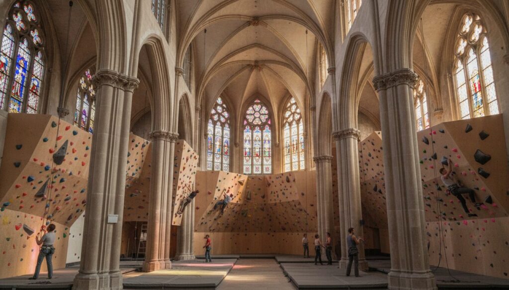 découvrez une ancienne église réhabilitée en salle d'escalade unique, offrant une expérience insolite loin de l'ambiance d'une discothèque.